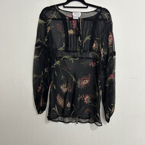 Tess 90s Y2K Women's Black Floral 100% Silk Sheer Tunic Top Blouse Size 14 - Picture 1 of 11
